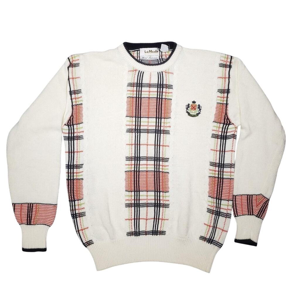 Vintage 90S LaMode HAND INTARSIA Active Sportswear Woven Plaid Sweater M